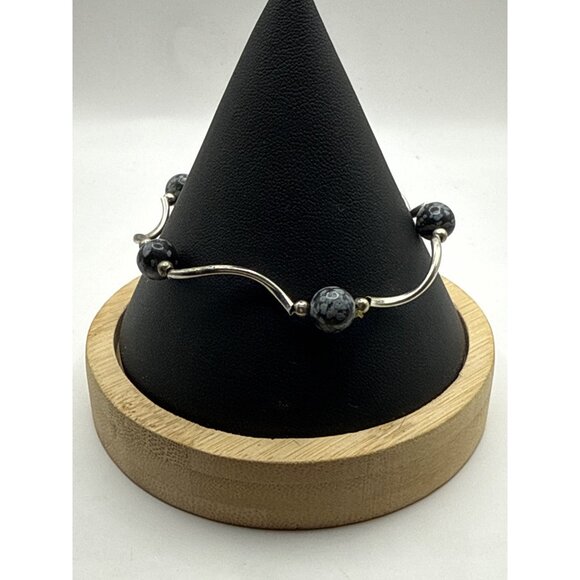Silver Wave Bracelet With Snowflake Obsidian Beads - Picture 1 of 5
